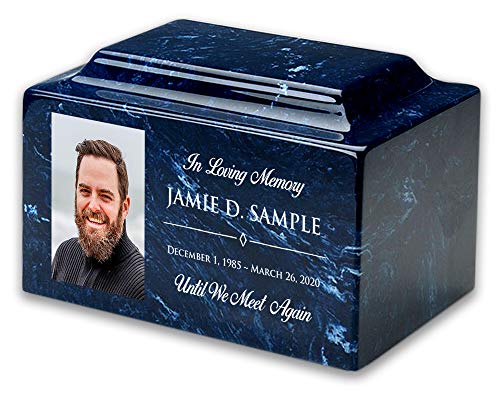 Custom Personalized Engraved 16 Colors Everlasting Memorials and Gifts Cultured Marble Funeral Urn Adult Sized Engravable Cremation Urn with Customized Etching Engraving and Sublimated Metal Photo