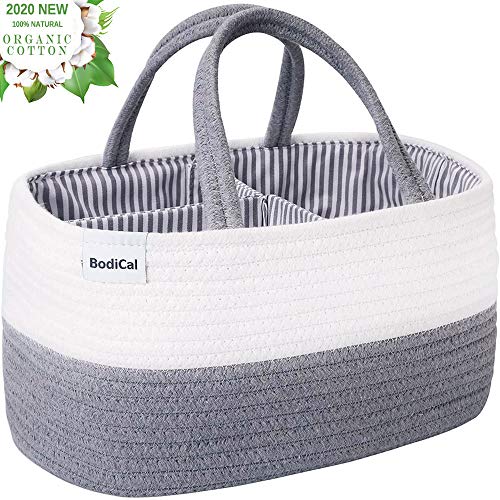 Baby Diaper Caddy Organizer - 100% Cotton Rope Nursery Diaper Storage Basket Diaper Storage Bin for Diaper Wipes Toys Nursery Essentials Baby Shower Gift and Newborn Registry (14.2'x8.7'x7.1')