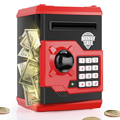 PLAYSHEEK Piggy Bank for Girls Boys Large Electronic Money Coin Banks with Password Protection, Automatic Paper Money Scroll Saving Box, Great Gift for Kids (Black-Red)