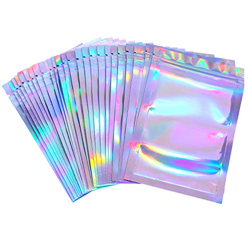 100 Pieces Resealable Smell Proof Bags Foil Pouch Bag Flat Ziplock Bag for Party Favor Food Storage (Holographic Color, 7 x 9 Inches)