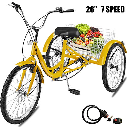 Happybuy 20/24/26 inch Adult Tricycle 1/7 Speed 3 Wheel Bike Adult Tricycle Trike Cruise Bike Large Size Basket for Recreation Shopping (Yellow, 26 Inch / 7 Speed)