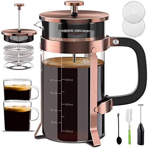 Upgraded French Press Coffee Maker Stainless Steel 34 oz, Coffee Press with Stainless Steel Stand Precise Scale Easy to Clean Durable Heat Resistant Glass Black/Copper/Silver