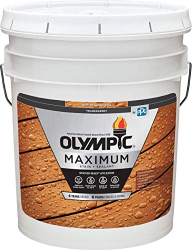 Olympic Stain 56504-5 Maximum Wood Stain and Sealer, 5 Gallons, Transparent Stain, Redwood Naturaltone