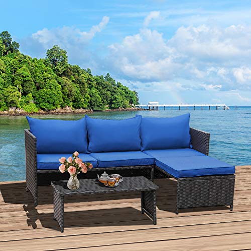 Valita 3-Piece Outdoor PE Rattan Furniture Set Patio Wicker Conversation Loveseat Sofa Sectional Couch Royal Blue Cushion