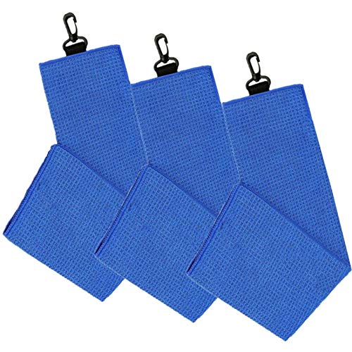 FINGER TEN Golf Towels for Golf Bags with Clip Tri-fold 24’’X16’’ Value 3 Pack, Waffle Towel for Men Women Cleaning, Hook and Loop in Color Black White Grey (3 Towels in Blue)