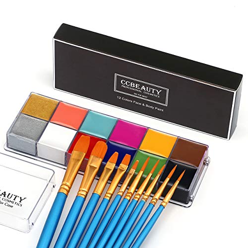 CCBeauty Professional Face Body Paint Oil 12 Colors Halloween Art Party Fancy Make Up Set with 10 Blue Brushes,Deep