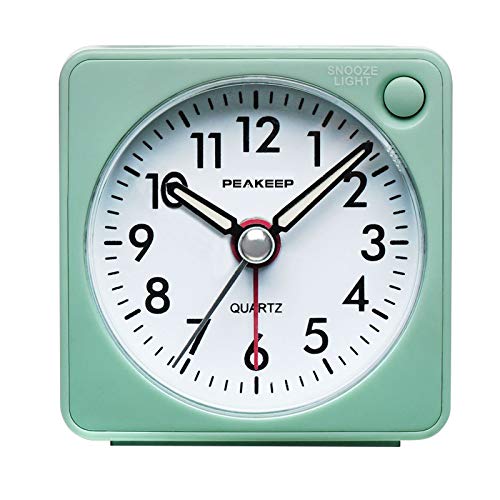 Peakeep Ultra Small, Battery Travel Alarm Clock with Snooze and Light, Silent with No Ticking Analog Quartz (Aquamarine)