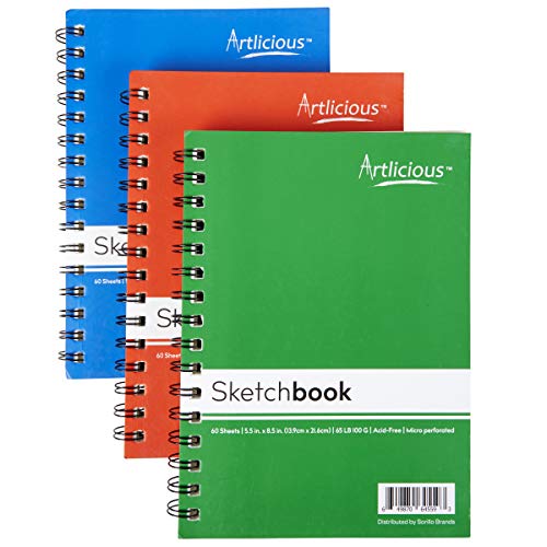 Artlicious - 3 Sketch Books 5.5' x 8.5' for Drawing, Coloring & Doodling (3 Sketch Pads)