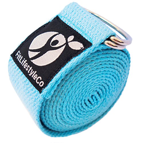 FitLifestyleCo Yoga Strap Best for Stretching - 6 Colors Instructional Video - Durable Cotton with Metal D-Ring (Light Blue)