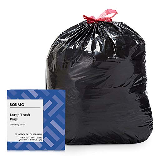 Amazon Brand - Solimo Multipurpose Drawstring Trash Bags, 30 Gallon, 50 Count