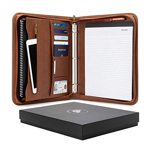 Forevermore 1.5 Inch 3 Ring Binder Portfolio with Zippered Closure and Holds 8.5' x 11' Notepad and Paper/Interview and Resume Document Organizer/Notebook, Brown