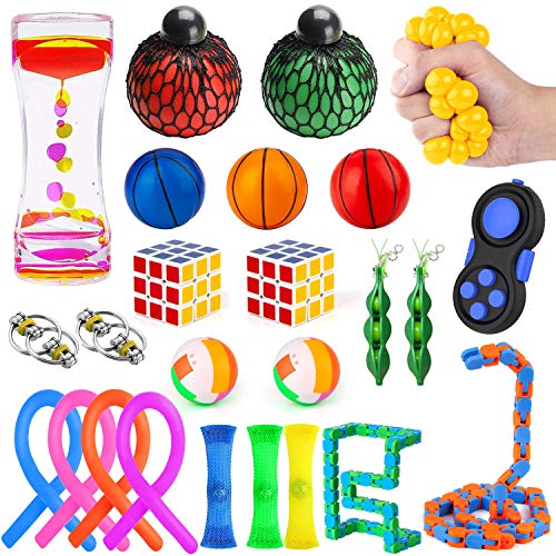 30 Pack Fidget Toys Set, MIBOTE Sensory Toys Bundle for Kids/Adults Stress Relief and Anti-Anxiety Hand Toys , Liquid Motion Timer, Fidget Pad, Snake Cube, Puzzle Balls, Cube