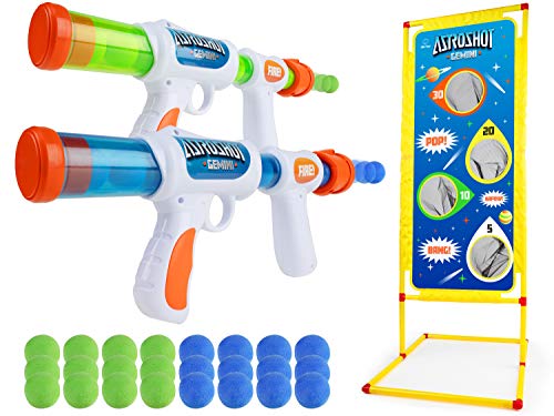 USA Toyz Astroshot Gemini Shooting Game - 2pk Foam Ball Popper Air Toy Guns and Standing Shooting Target, 2-Player Toy Guns for Kids with 24 Foam Balls