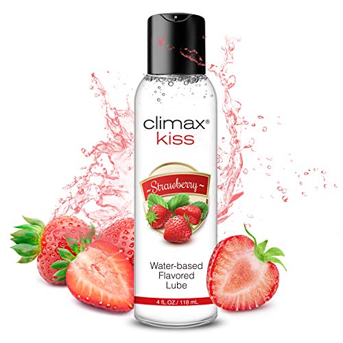 Climax Strawberry Flavored Water Based Lube-4 oz Natural Kissable Long-Lasting Lubricant for Men Women Couples, Slippery-Massage-Discreet Package