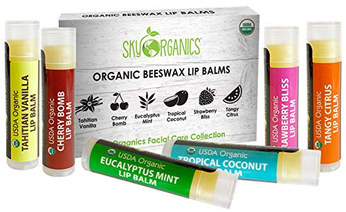 USDA Organic Lip Balm by Sky Organics – 6 Pack Assorted Flavors – With Beeswax, Coconut Oil, Vitamin E. Best Lip Butter Chapstick for Dry Lips- For Adults and Kids Lip Repair (Variety Pack of 6)