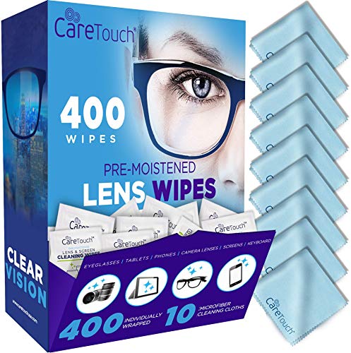 Care Touch Lens Cleaning Wipes with Microfiber Cloths | 400 Lens Cleaning Wipes and 10 Microfiber Cloths | Excellent for Glasses, Laptops, Computer Screens, and Phones