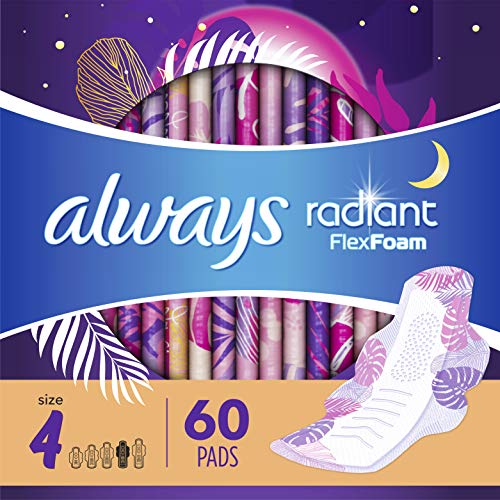 Always Radiant Feminine Pads for Women, Size 4, 60 Count, Overnight Absorbency, With Wings, Scented (20 Count, Pack of 3 - 60 Count Total)