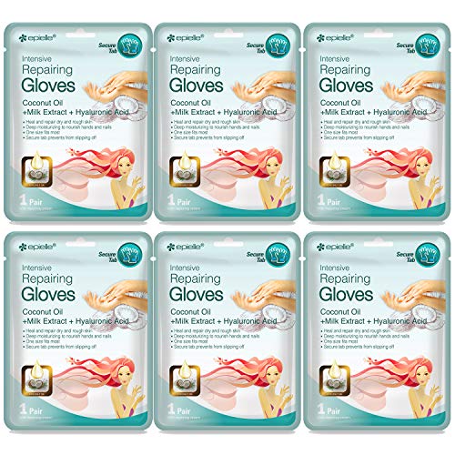 Epielle Intensive Repairing Hand Masks (Gloves-6pk) for Dry Hands Spa Masks | Coconut Oil + Milk Extract + Hyaluronic Acid