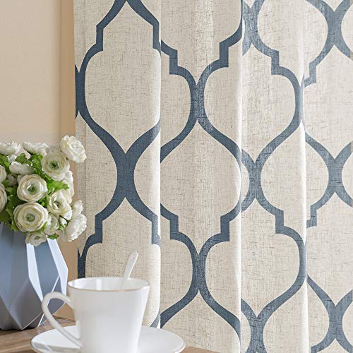 jinchan Printed Curtain Moroccan Tile Linen Textured Drapes Panels Bedroom Living Room Lattice Window Treatment 2 Panel Drapes 90 inches Long Blue