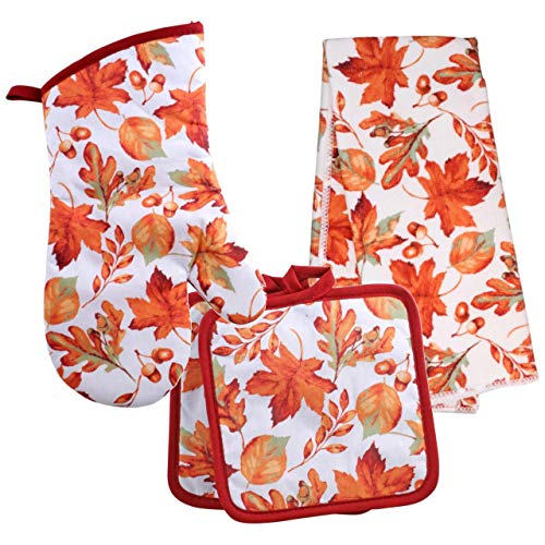 Home Collection Seasonal Kitchen Linen Set - Includes Oven Mitt, Potholders, and Kitchen Towel (Fall Leaves)