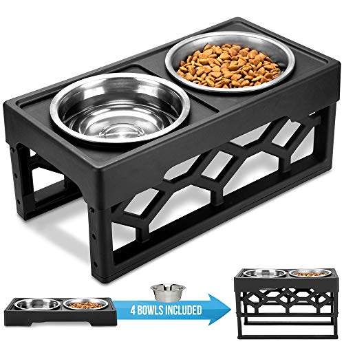 AVERYDAY Raised Dog Bowls Dog Bowls Elevated - 4 Adjustable Dog Bowl Stand with 4 Stainless Steel Dog Bowls. Perfect Dog Dish Elevated Elevated Dog Bowls for Large Dogs and Senior (Black)
