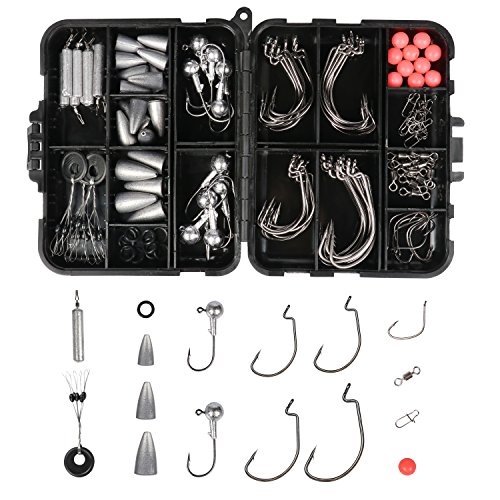 RUNCL Fishing Terminal Tackle, Fishing Tackle Box with Fishing Hooks, Fishing Weights, Jig Heads, O-Rings, Barrel Swivels, Fastlock Snaps, Fishing Beads and Space Beans for Freshwater(Pack of 148)