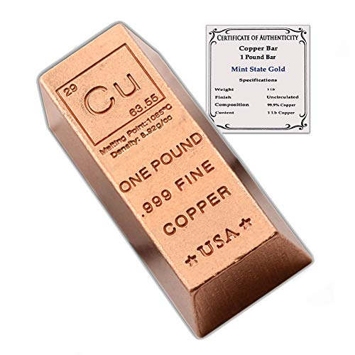 1 Pound Copper Bar Ingot Paperweight - 999 Pure Chemistry Element Design with Certificate of Authenticity by CoinFolio