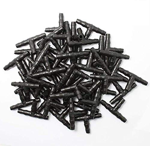 Kalolary 100pcs 1/4' Universal Barbed Tee Fittings, Barbed Connectors Drip Irrigation for 4mm/7mm Water Tube Drip Irrigation Watering System