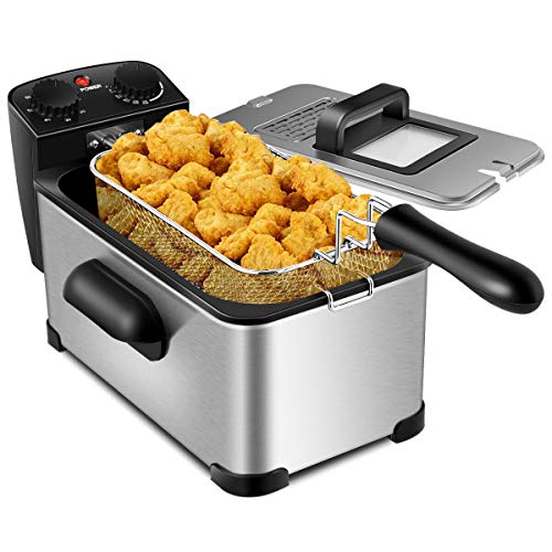 COSTWAY Deep Fryer, 1700W Electric Stainless Steel Deep Fryer -3.2qt Oil Container & Lid w/View Window, 12 Cups Frying Basket w/Hook, Adjustable Temperature and Timer, Professional Grade