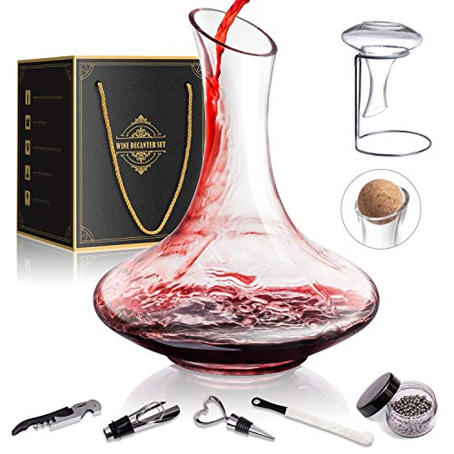 1800ML Crystal Glass Wine Decanter Wine Carafe Gifts for Red Wine Lover, Decanter with Wine Accessories - Wine Bottle Opener, Wine Stopper & Pourer, Cleaning Brush & Beads & Drying Stand & Cork