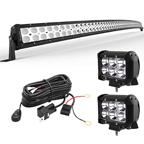 YITAMOTOR LED Light Bar 52 inches Curved Light Bar Combo & 2pc 18W LED Spot Pods Light & 12V Switch on&off Wiring Harness Compatible for Jeep, Pickup, SUV, Boat, Truck, 4x4, 4WD, IP68 Waterproof