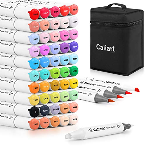 Alcohol Brush Markers, Caliart 51 Colors Dual Tip Artist Brush & Chisel Sketch Pens Art Markers for Kids Adult Coloring Books Painting Drawing Illustration Animation Craft Supplies