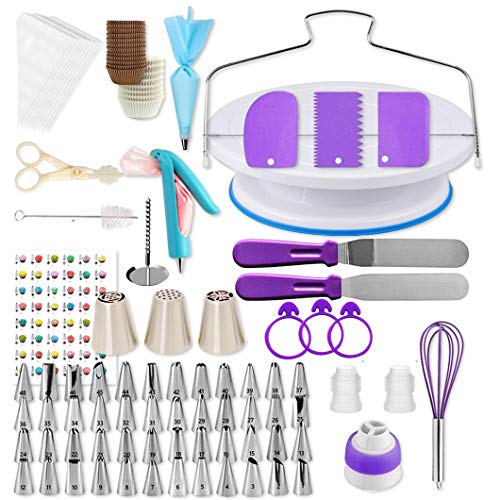 Shpebs 200 Pcs Cake Decorating Supplies, Cake Decorating Kit, Rotating Cake Turntable Stand Icing Piping Tip and Bags