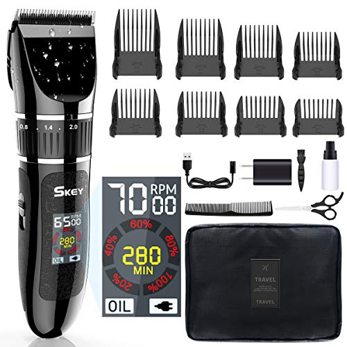SKEY Professional Hair Clippers - Rechargeable Hair Beard Trimmer Cordless Haircut Kit with Titanium & Ceramic Waterproof Blades for Wet/Dry Cut, 2-Speed Adjustable with LCD Display, and Travel Bag