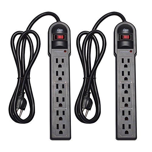 KMC 6-Outlet Surge Protector Power Strip 2-Pack, 900 Joule, 4-Foot Cord, Overload Protection, Black