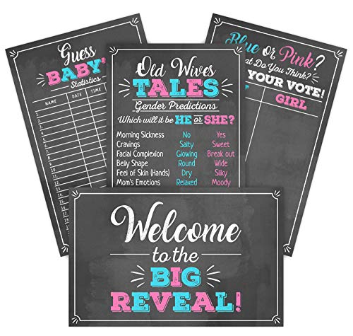 Gender Reveal Party Game Decoration Kit Includes 4-11' x 17' Posters- Old Wives Tales, Voting Scoreboard, Baby Birth Predictions, and Welcome Sign- Black, Pink & Blue- Boy or Girl