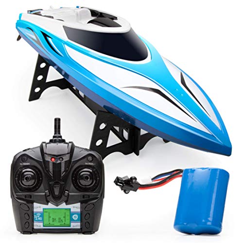 Force1 Velocity H102 RC Boat - Remote Control Boat for Pools and Lakes, Fast RC Boats for Adults and Kids with 20+ mph Speed Boat, 4 channel 2.4GHZ Remote Control, and Rechargeable Boat Battery (Blue)