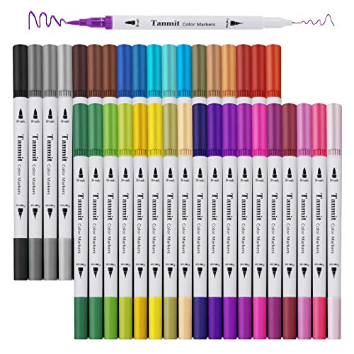 Dual Tip Brush Marker Pens, Tanmit 0.4 Fine Tip Markers & Brush Highlighter Pen Set of 36 for Bullet Journaling Adults Coloring Book Note Taking Writing Planning Art Project