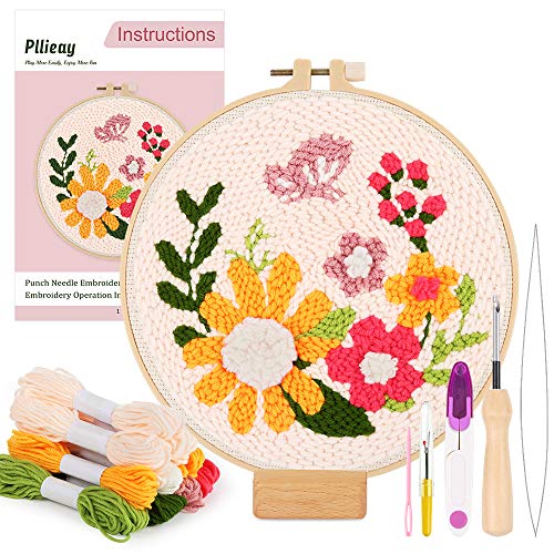 Pllieay Punch Needle Embroidery Starter Kits include Instructions, Punch Needle Fabric with Floral Pattern, Yarns, Embroidery Hoops, Threader Tools for Punch Needle Embroidery Rug-Punch & Pinch Needle