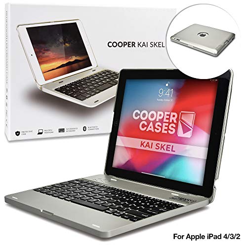 Cooper Kai SKEL P1 [Bluetooth Wireless Keyboard] Case for iPad 4, iPad 3, iPad 2 | Clamshell Cover, 2800mAh Power Bank, 60HR Battery (Silver)