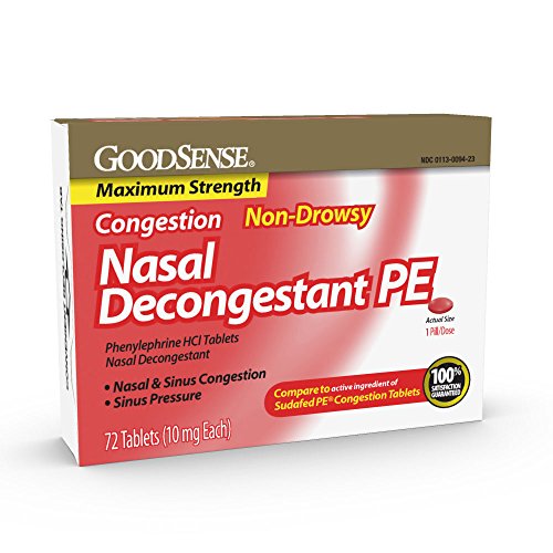 GoodSense Maximum Strength Nasal Decongestant PE, Phenylephrine HCl, 10 mg Tablets. Nasal and Sinus Congestion, Sinus Pressure, 72 Count
