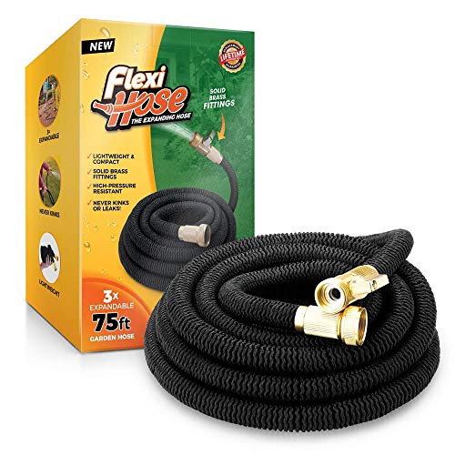 Flexi Hose 75 FT Lightweight Expandable Garden Hose | Ultimate No-Kink Flexibility - Extra Strength with 3/4 Inch Solid Brass Fittings & Double Latex Core | Rot, Crack, Leak Resistant