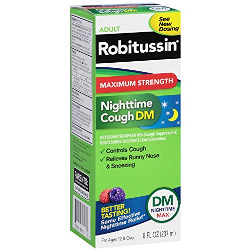 Robitussin Adult Maximum Strength Nighttime Cough DM Max (8 Fl Oz Bottle), Cough Suppressant & Antihistamine, Blue Raspberry Flavor