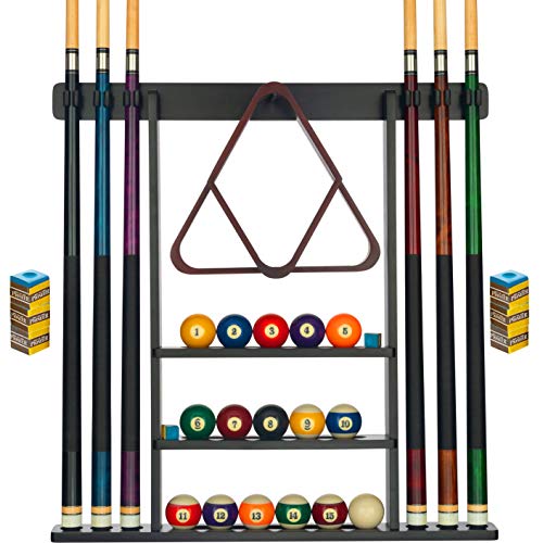 Billiards Xpress Pool Cue Rack - Pool Stick Holder Wall Mount With 16 Ball Holders & 6 Pack Of Chalk - Rubber Circle Pads & Large Clips Prevent Damage - Compact Billiard Table Accessories For Man Cave