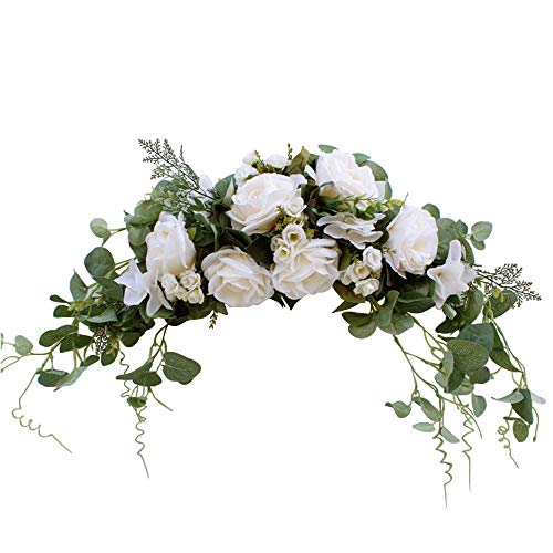 SISJULY Artificial Rose Flower Swag Wreath 23.6 Inch Handmade Floral Garland Decorative Swag with Green Leaves for Wedding Arch Party Front Door Wall Home Decor (White)
