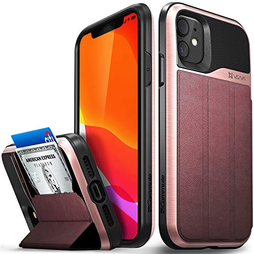 Vena iPhone 11 Wallet Case, vCommute (Military Grade Drop Protection) Flip Leather Cover Card Slot Holder with Kickstand Designed for Apple iPhone 11 (6.1 inches) - Rose Gold