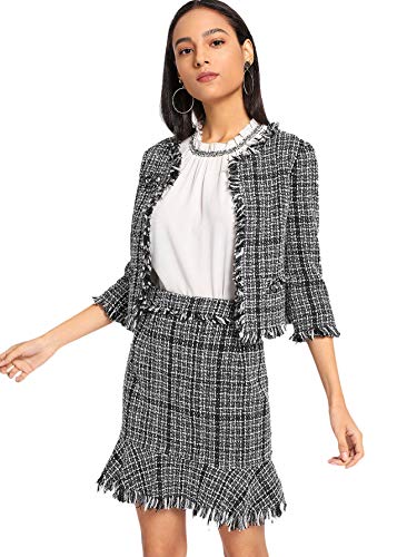 MakeMeChic Women's Frayed Tweed Blazer and Skirt Set 2-Multi M