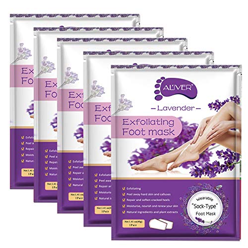 Foot Peel Mask 5 Pack, Lavender Exfoliating Foot Masks, Natural Exfoliator for Dry Dead Skin, Callus, Repair Rough Heels for Men Women