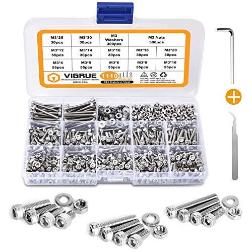 VIGRUE M3×4/5/6/8/10/12/14/16/18/20/25/30mm Stainless Steel Hex Socket Head Cap Screws and Nuts Assortment Kit with Allen Wrench 1110pcs