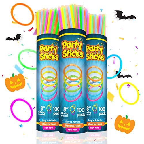PartySticks Glow Sticks Bulk Party Favors 300pk with Connectors - 8 Inch Glow in the Dark Party Supplies, Neon Party Glow Necklaces and Glow Bracelets
